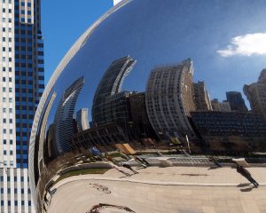 Reflections on the Cloud Gate sculpture in Millennial park in Chicago. Congrats Cubs!